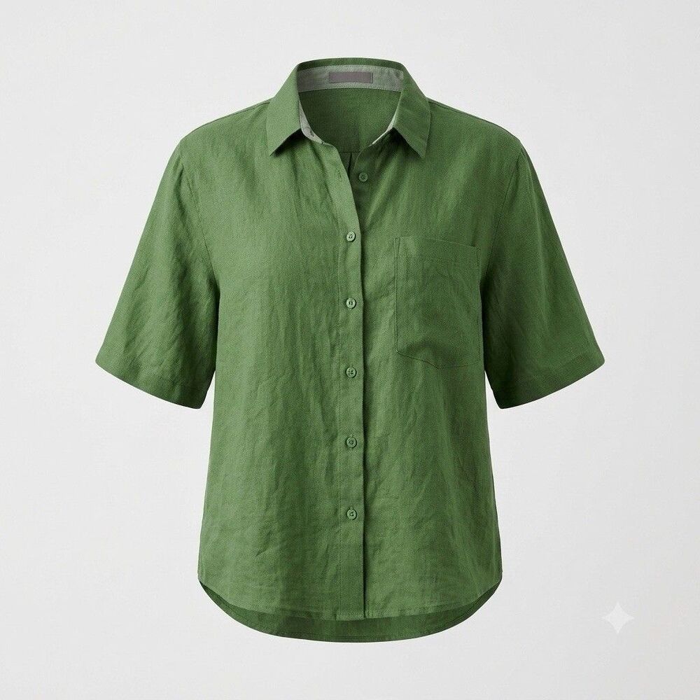 Womens Size 3 Large Olive Green Button Up Shirt Linen Blend Roll Tab Sleeve NEW